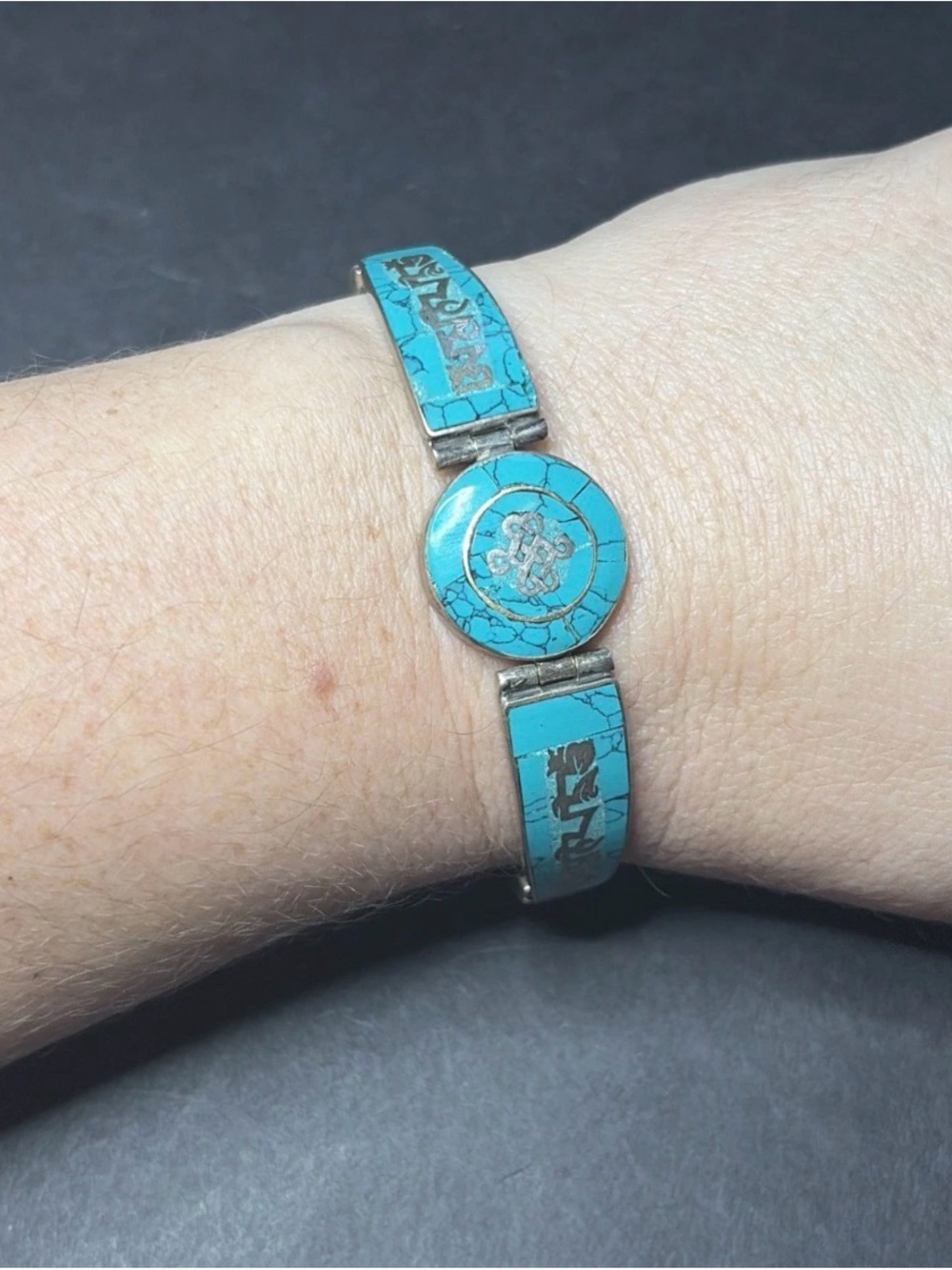 Vintage Sterling Silver Tibetan Mantra With Turquoise Inlay Bracelet 27 Grams